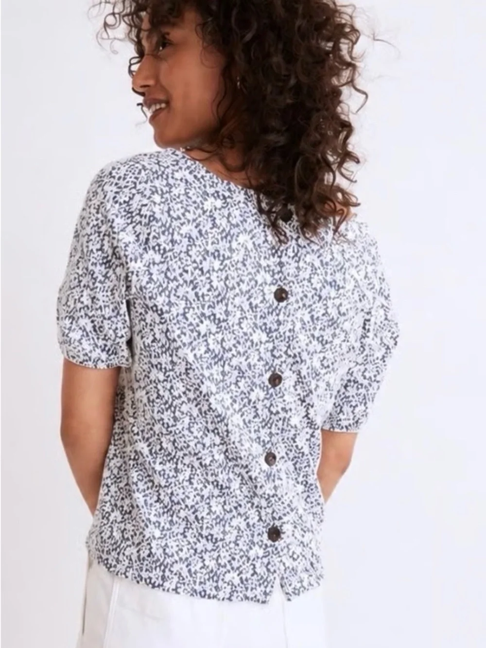 Madewell Floral Jacquard Button Back Square Neck Top Sz M